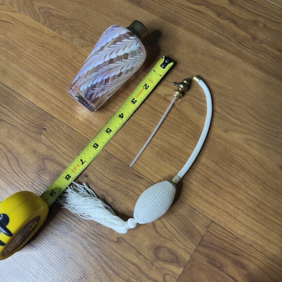 Vintage Pink Iridescent Art Glass Perfume Bottle Atomizer White Swirl 6.25” Tall - Picture 3 of 14